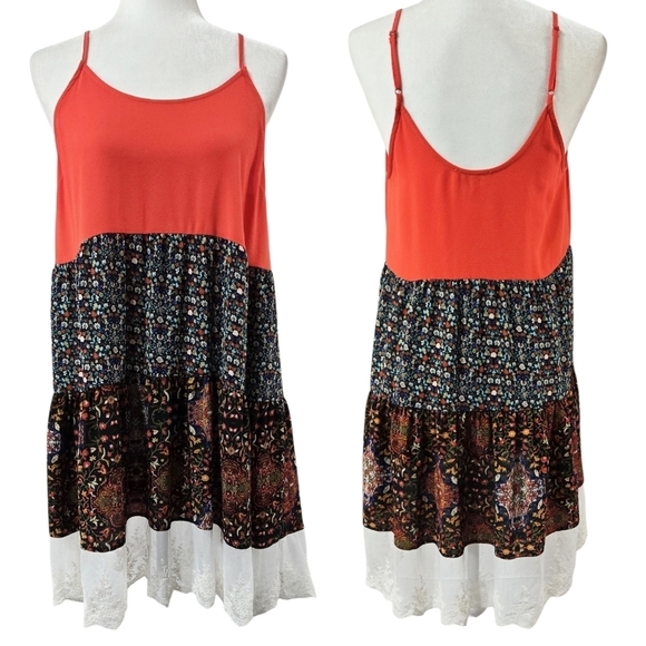 Umgee Boho Multicolor Colorblock Floral Lace Spaghetti Strap Dress Maximalist - Picture 1 of 8